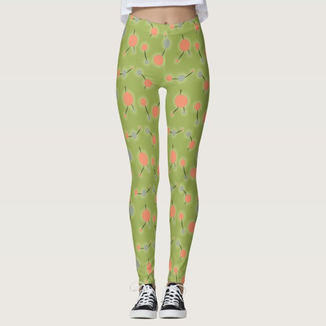 Retro Playful Small Molecules Universe Peach Green Leggings (Front)
