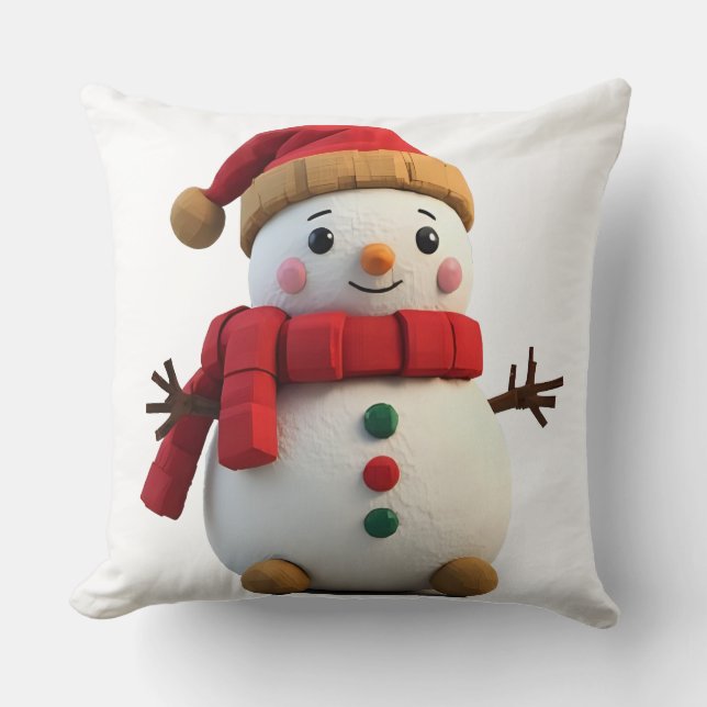 Retro Plush Snowman With Scarf Christmas Throw Pillow (Front)