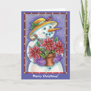 Retro Poinsettia Snowman Christmas Holiday Card