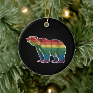 Retro Polar Bear Rainbow Lesbian LGBT Gay Pride Ceramic Ornament