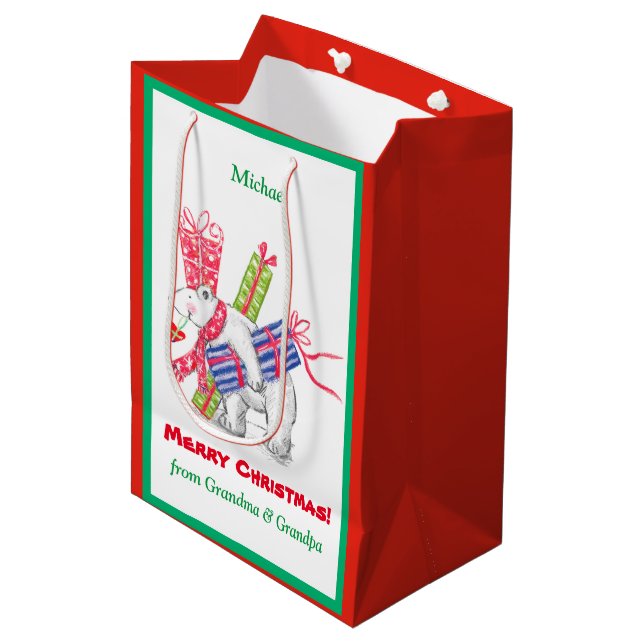 Retro Polar Bearing Christmas Gifts Personalized Medium Gift Bag (Front Angled)
