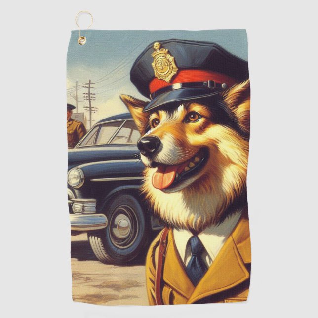 Retro Police Dog Painting Golf Towel (Front)