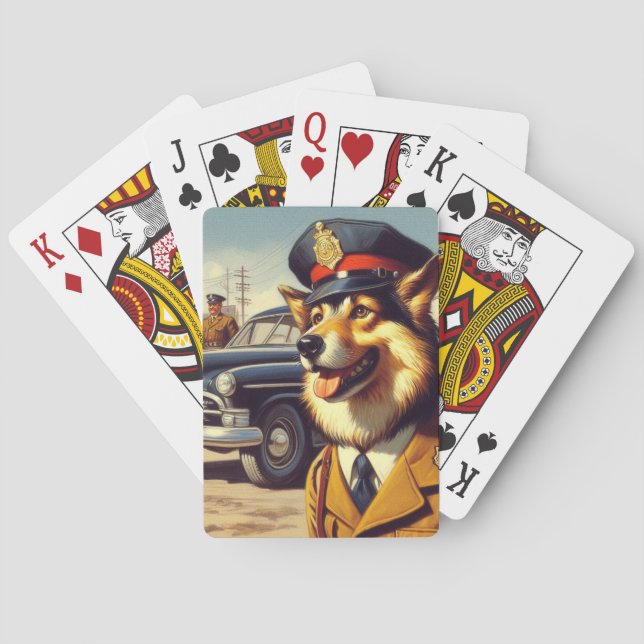 Retro Police Dog Painting Playing Cards (Back)