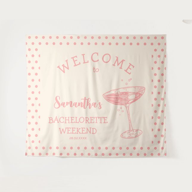 Retro Polka Bachelorette Party Backdrop Cocktail Tapestry (Front (Horizontal))