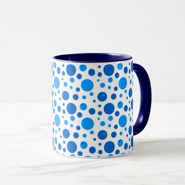Retro Polka Dot and Circles Pattern in Blues Mug (Front Right)