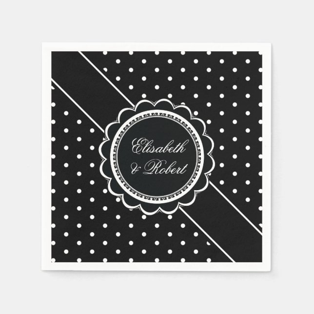 Retro Polka Dot Elegant Black and White Wedding Napkin (Front)