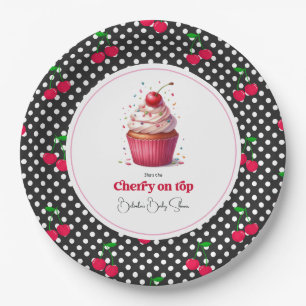 Retro Polka Dot Theme Cherry On Top Baby Shower Paper Plate