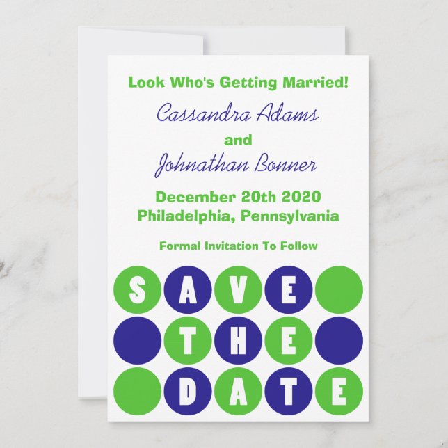 Retro Polka Dots Save The Date (Navy Blue / Green) Invitation (Front)