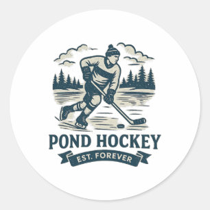 Retro Pond Hockey Player Frozen Lake Winter Classic Round Sticker