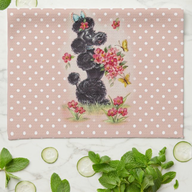 Retro Poodle Bubble Gum Pink  Kitchen Towel (Folded)