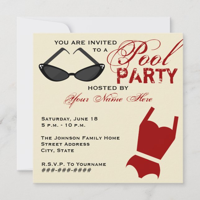 Retro Pool Party Invitation Swimsuit & Sunglasses (Front)