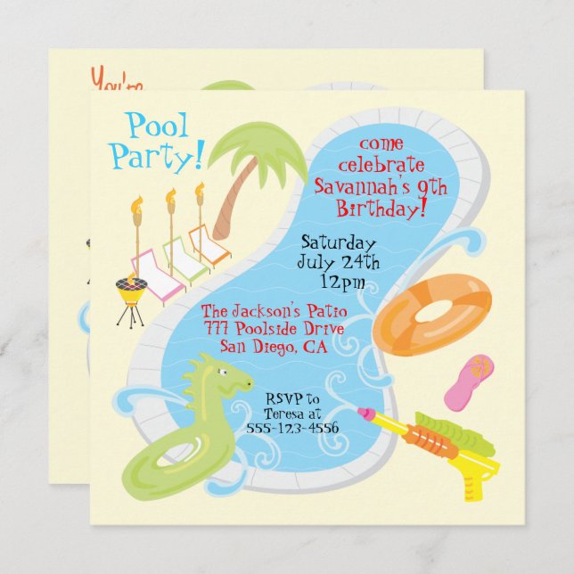 Retro Pool Party Invitations (Front/Back)