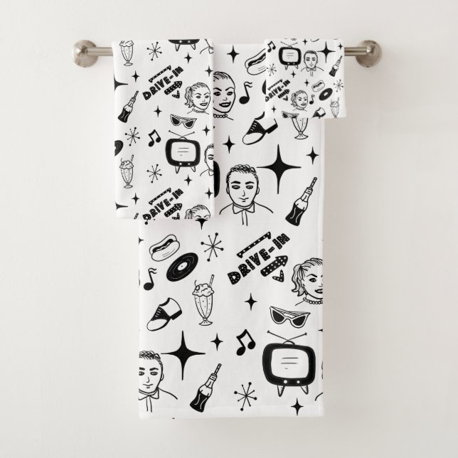 Retro Pop 1950's Style Nostalgic Graphics Bath Towel Set (Insitu)