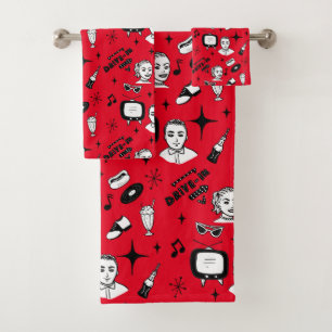 Retro Pop 1950's Style Nostalgic Graphics Bath Towel Set