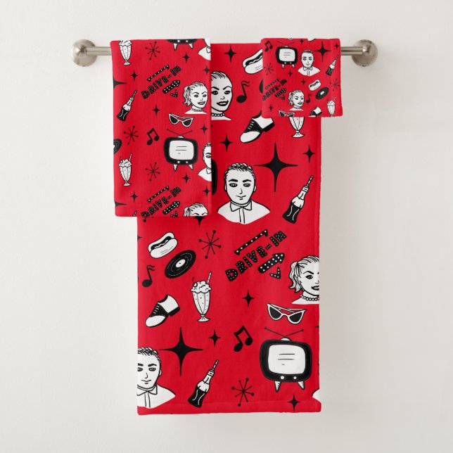 Retro Pop 1950's Style Nostalgic Graphics Bath Towel Set (Insitu)