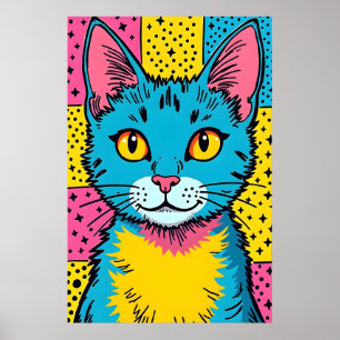 Retro Pop Art 80's Style Blue Cat Poster