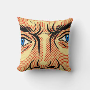 Retro Pop Art Comic Face Blue Eyes Red Dot Graphic Throw Pillow