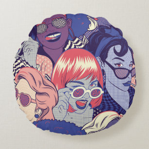 Retro Pop Art Comic Girls Seamless Pattern. Backgr Round Pillow