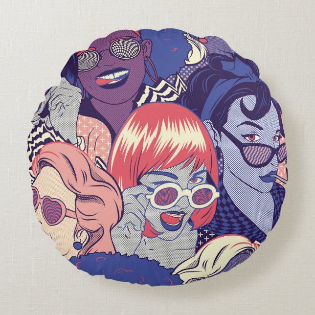 Retro Pop Art Comic Girls Seamless Pattern. Backgr Round Pillow (Front)