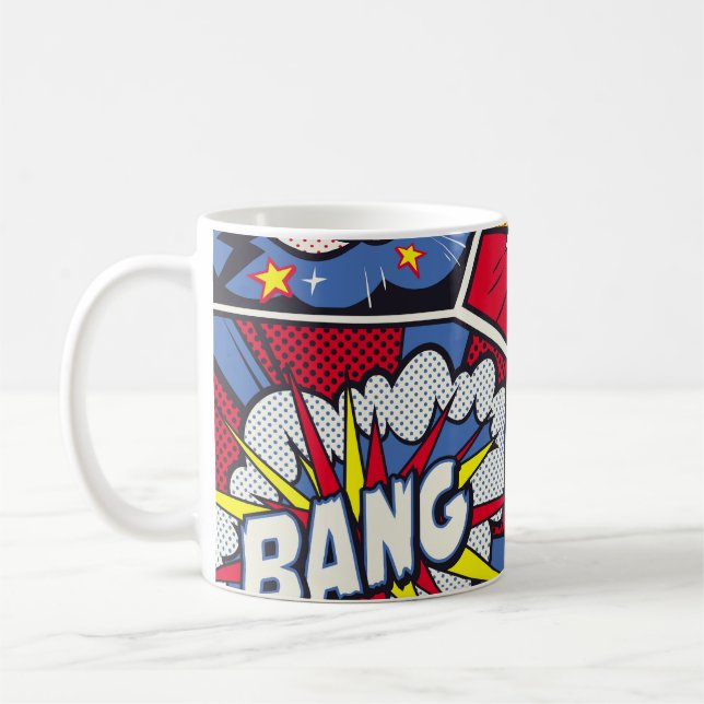 Retro pop art, comic shout pattern. coffee mug (Left)
