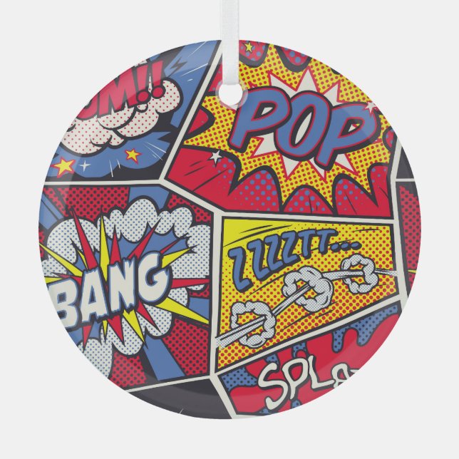 Retro pop art, comic shout pattern. glass ornament (Front)