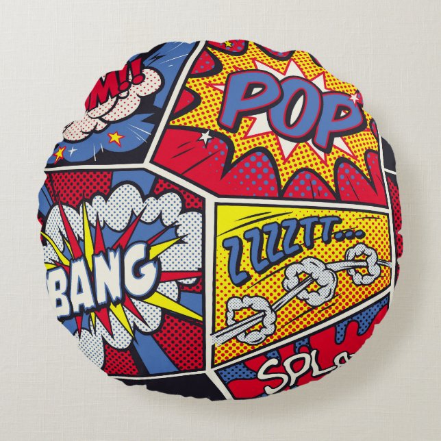 Retro pop art, comic shout pattern. round pillow (Front)