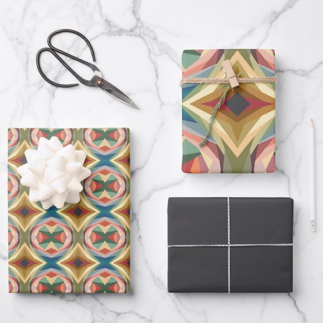 Retro Pop Art Geometric Colour Block Pattern Wrapping Paper Sheet (Front)