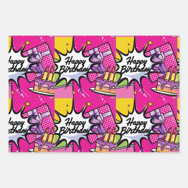 Retro Pop Art - Happy Birthday designed  Wrapping Paper Sheet (Front)
