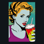 Retro Pop Art Milkshake Girl Poster<br><div class="desc">This features a playful, retro-inspired design that combines elements of pop art and vintage diner culture. The central image is of a smiling girl holding a tall, creamy milkshake, surrounded by bold, colorful graphics. The overall effect is fun and sure to add a touch of whimsy to any space.</div>