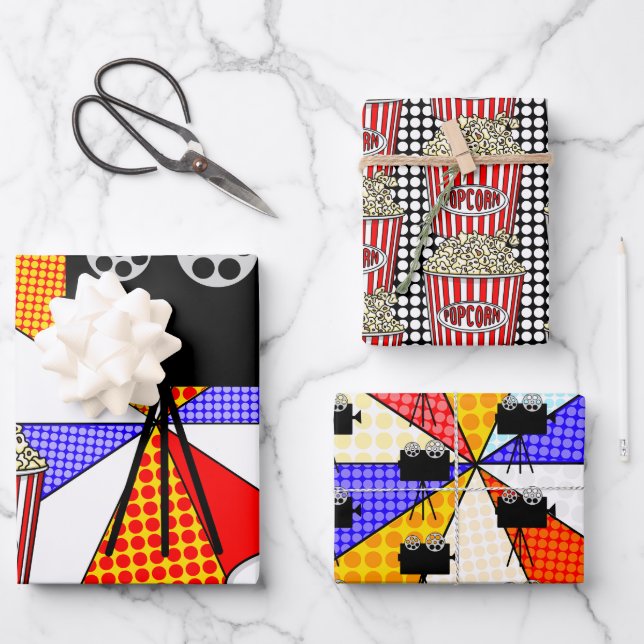 Retro Pop Art Movie Night Themed Birthday Party Wrapping Paper Sheet (Front)