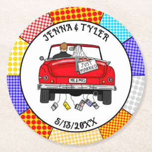  Retro Pop Art Mr & Mrs   Just Got Married   Round Paper Coaster