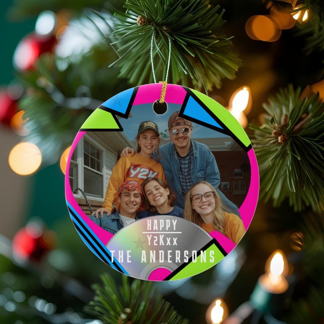 Retro Pop Art Photo Y2K Family Ceramic Ornament (A fun and colorful y2k vibe ceramic ornament with space for your photo and name.)