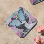 Retro Pop Art Pink and Blue Butterfly Coaster<br><div class="desc">This design blends coquette aesthetics with a dreamy, retro collage vibe. A striking blue butterfly rests across a woman's face, adding mystery and whimsy, while pastel tones of pink and lavender butterflies flutter around, enhancing the ethereal feel. Vibrant flowers bloom in the background, creating a lush, vintage-inspired garden scene. Personalize...</div>