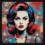Retro pop art portraits poster<br><div class="desc">This portrait is a work of digital art in the pop art style, representing a female portrait with a retro hairstyle. The work has bright and contrasting colors, mainly red, blue and black, on an abstract background with colorful circular shapes. The style evokes the glamorous illustrations of the 50s and...</div>