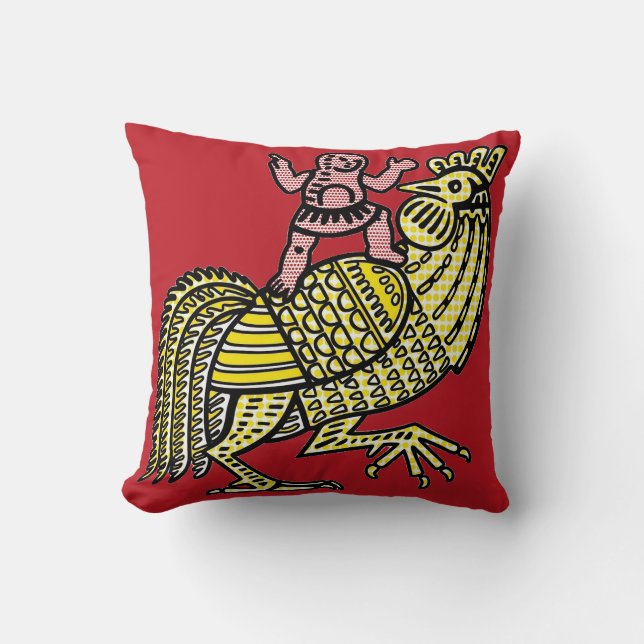 Retro Pop Art Rooster with Figure Ben-Day Dot Throw Pillow (Front)