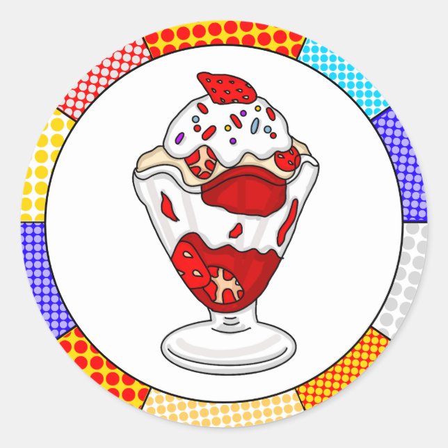 Retro Pop Art Strawberry Ice Cream Sundae   Classic Round Sticker (Front)