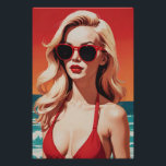 Retro Pop Art: Stylish Blonde in Red Bikini Poster<br><div class="desc">A striking retro pop art illustration featuring a stylish blonde woman in a red bikini. Her bold red sunglasses complement her vibrant lipstick,  creating a captivating and nostalgic beach scene. The vivid colours and clean lines evoke a mid-20th century pop art aesthetic,  capturing the essence of vintage glamour.</div>