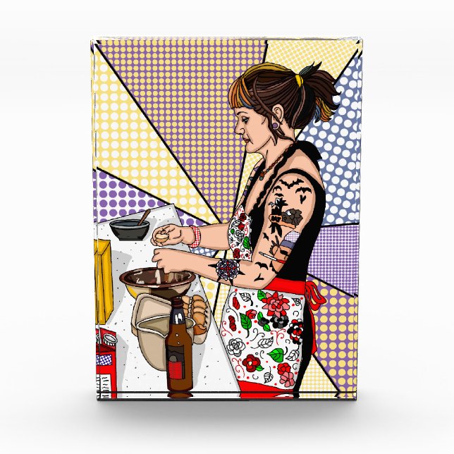 Retro Pop Art Tattoo Lady Baking in Kitchen Photo Block (Front)