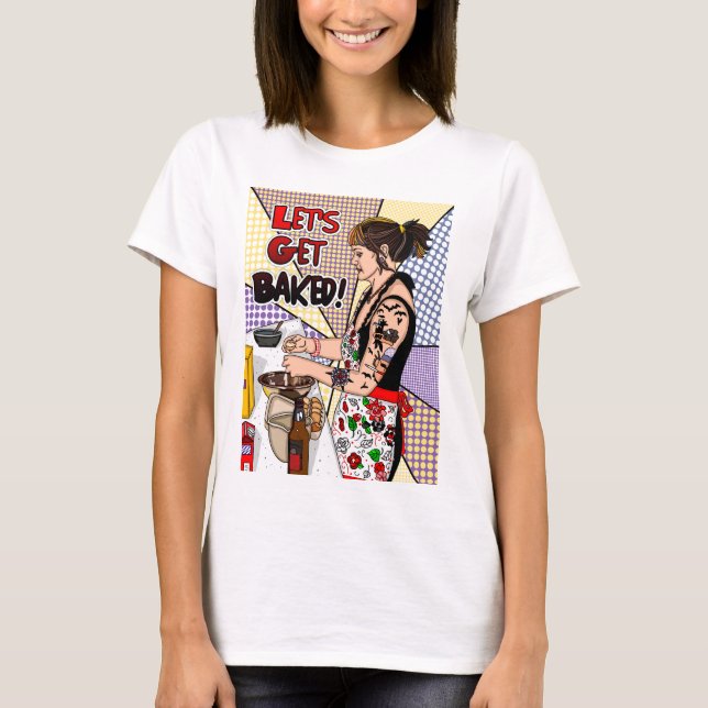 Retro Pop Art Tattoo Lady Baking in Kitchen  T-Shirt (Front)