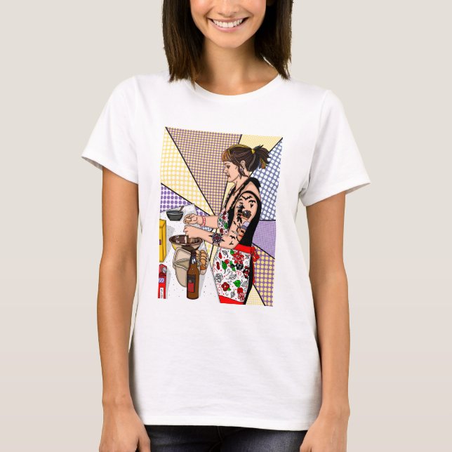 Retro Pop Art Tattoo Lady Baking in Kitchen   T-Shirt (Front)