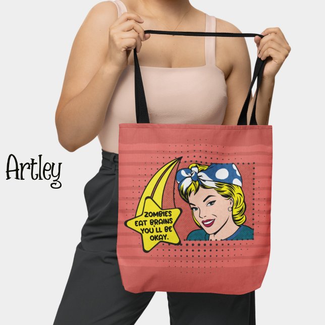Retro Pop Art Zombie Brains Phrase Pink Yellow Tote Bag (Creator Uploaded)