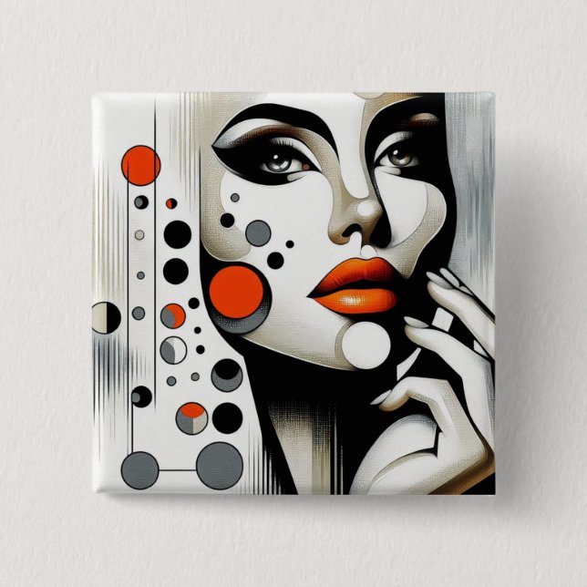 Retro Pop Diva: Geometric Elegance Abstract Art  2 Inch Square Button (Front)