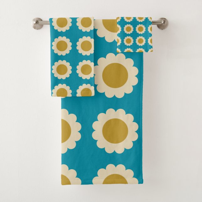 Retro Pop Flowers Pattern Turquoise Gold Bath Towel Set (Insitu)