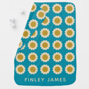 Retro Pop Flowers Pattern Turquoise Personalized Baby Blanket