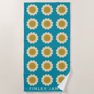 Retro Pop Flowers Pattern Turquoise Personalized Beach Towel