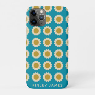 Retro Pop Flowers Pattern Turquoise Personalized iPhone 11 Pro Case