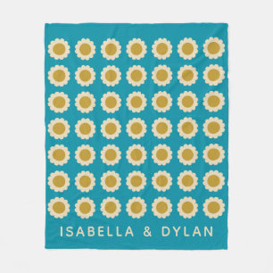 Retro Pop Flowers Pattern Turquoise Personalized Fleece Blanket
