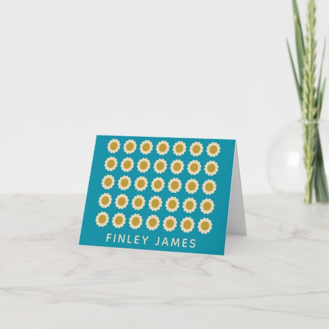 Retro Pop Flowers Pattern Turquoise Personalized Note Card (Front)