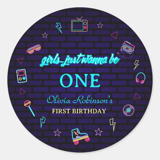 Retro Pop Neon Kids’ Birthday Bash Classic Round Sticker (Front)