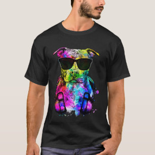 Retro Pop Pit Bull Pittie Dog Portrait with Headph T-Shirt